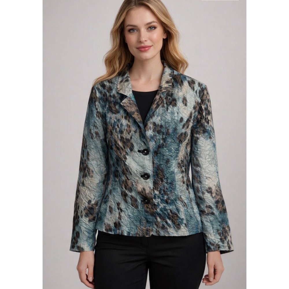 Chico's Size 3 XL Teal Crinkle Jacket Blazer Crushed Abstract Animal Print Art.